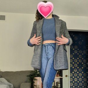 Black, White, Grey, Silver Chunky Tweed Coat, Double Breasted Oversized Jacket